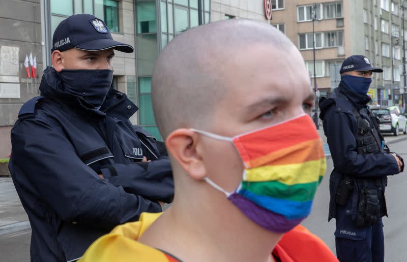 A member of a group supporting LGBT rights protest in Warsaw,