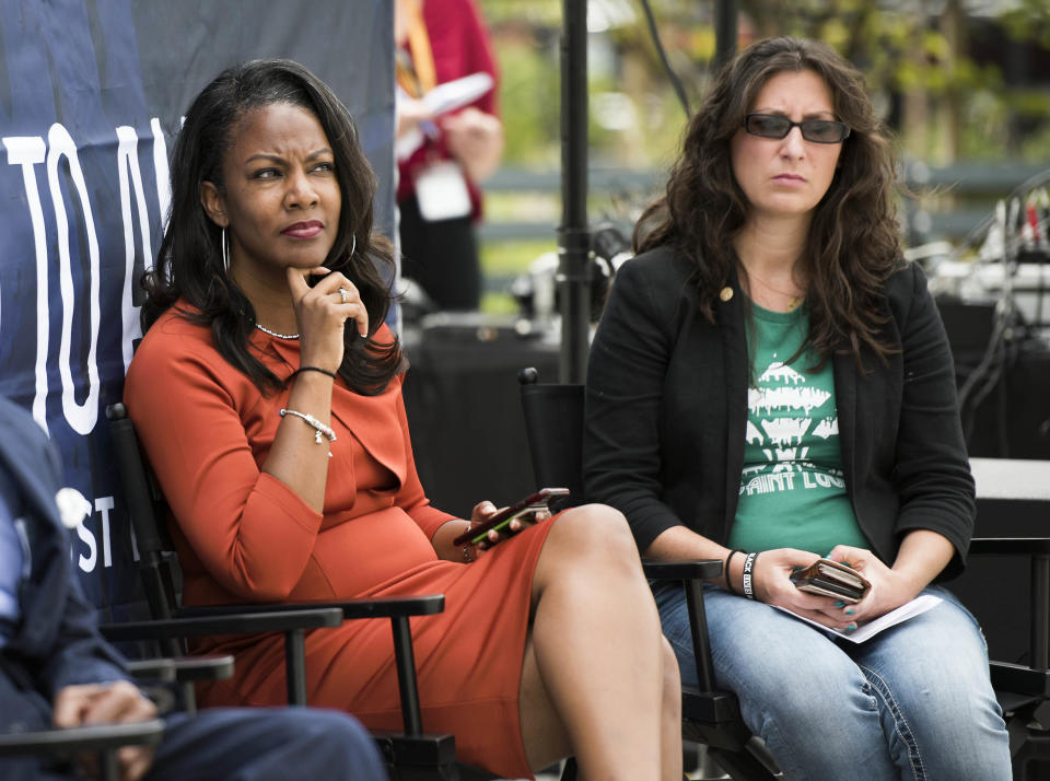 St Louis Treasurer Tishaura Jones and Alderwoman Megan Green at a kickoff event for HuffPost's bus tour last month.