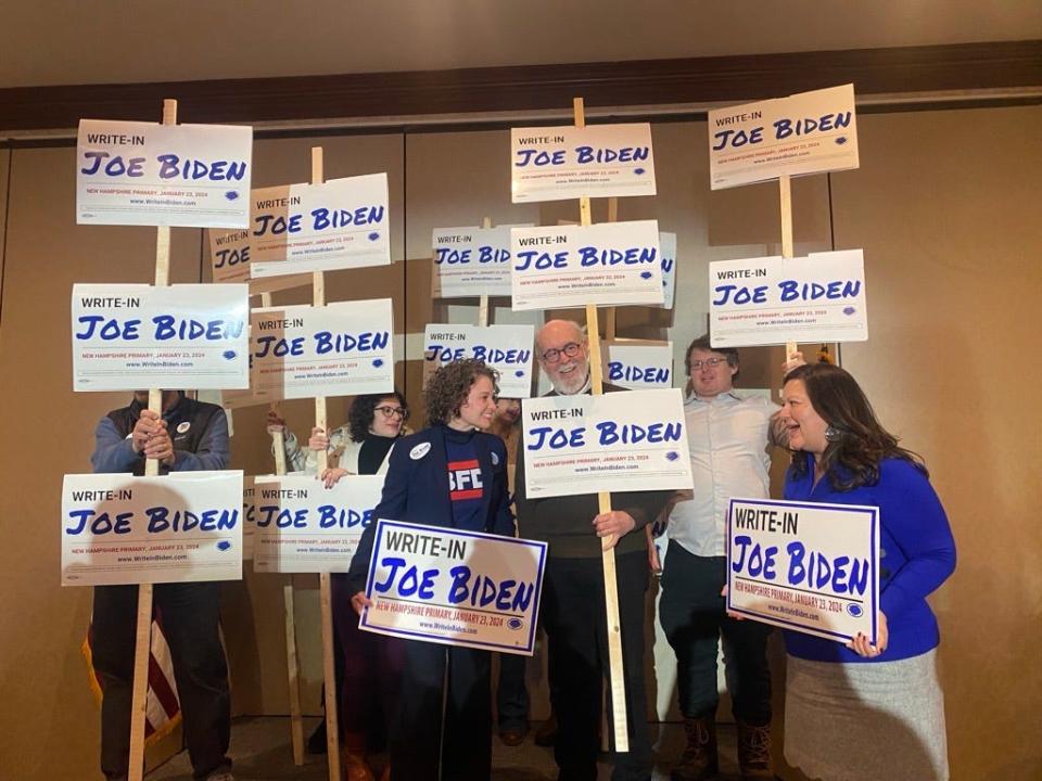 New Hampshire state Sen. David Watters, D-Dover, is at the center of a celebration of President Joe Biden's write-in win in the New Hampshire primary in Manchester Tuesday, Jan. 23, 2024.