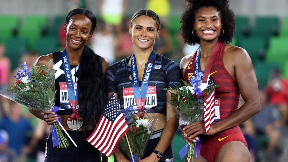 Dalilah Muhammad, Sydney McLaughlin and Anna Cockrell, pictured here after the 400m hurdles final.