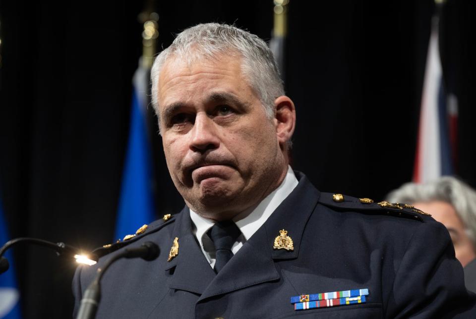 RCMP Commissioner Mike Duheme speaks during a news conference at a national summit on auto theft in Ottawa on Thursday, Feb. 8, 2024.  (Adrian Wyld/The Canadian Press - image credit)