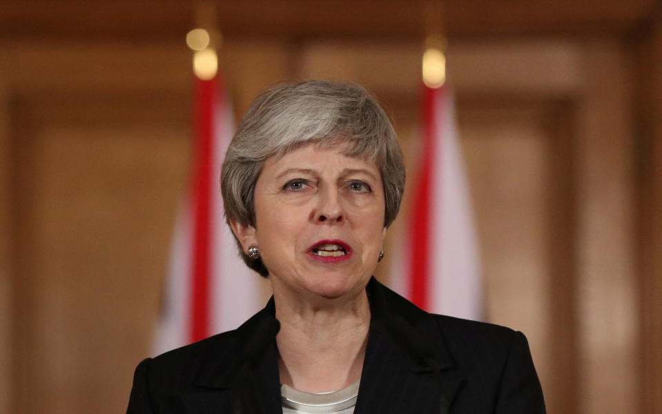 Britain’s prime minister Theresa May makes a statement about Brexit in Downing Street in London on Wednesday. Photo: Jonathan Brady/Reuters