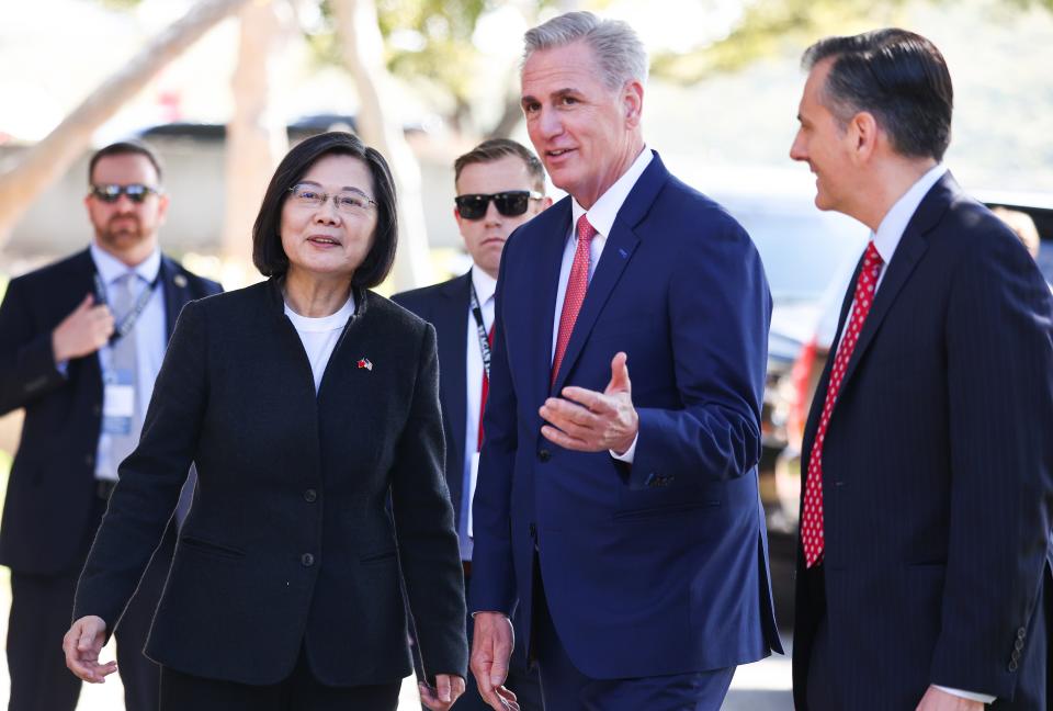 House Speaker Kevin McCarthy, R-Calif., welcomes Taiwanese President Tsai Ing-wen to the Ronald Reagan Presidential Library for a bipartisan meeting on April 5, 2023, in Simi Valley.