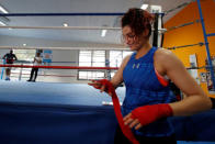 Iranian boxer Sadaf Khadem attends a training session in preparation to her first official boxing bout in Royan, France, April 11, 2019. REUTERS/Regis Duvignau