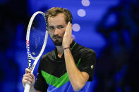 Russia's Daniil Medvedev reacts after losing a point against Italy's Jannik Sinner during their singles semifinal tennis match of the ATP World Tour Finals at the Pala Alpitour, in Turin, Italy, Saturday, Nov. 18, 2023. (AP Photo/Antonio Calanni)