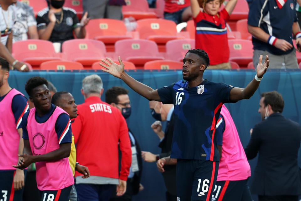 DENVER, CO - JUNE 03: Jordan Siebatcheu Pefok #16 of United States celebrates after scoring the first goal of his team during CONCACAF Nations Leagues semifinals between United States and Honduras at Empower Field At Mile High on June 3, 2021 in Denver, Colorado. (Photo by Omar Vega/Getty Images)