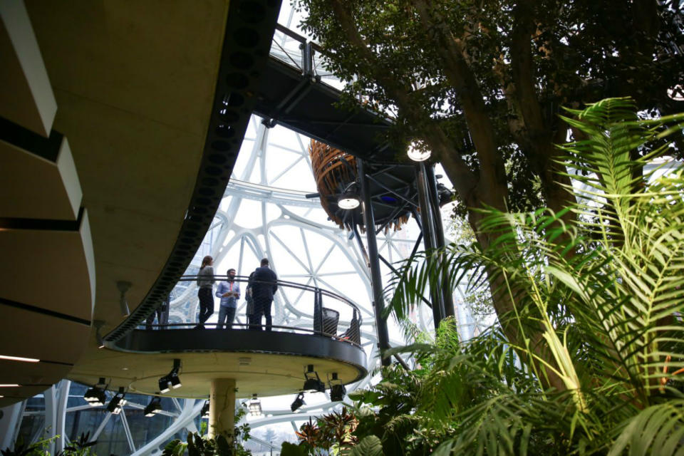 <p>El pasado mes de enero abrió sus puertas en Seattle The Spheres, el nuevo edificio de Amazon. Formado por tres gigantescas esferas de aspecto futurista construidas de vidrio y acero y conectadas entre sí, en su interior acoge una enorme selva amazónica con 40.000 plantas llegadas desde todos los rincones del mundo. El estudio NBBJ fue el encargado del proyecto. (Foto: Lindsey Wasson / Reuters). </p>