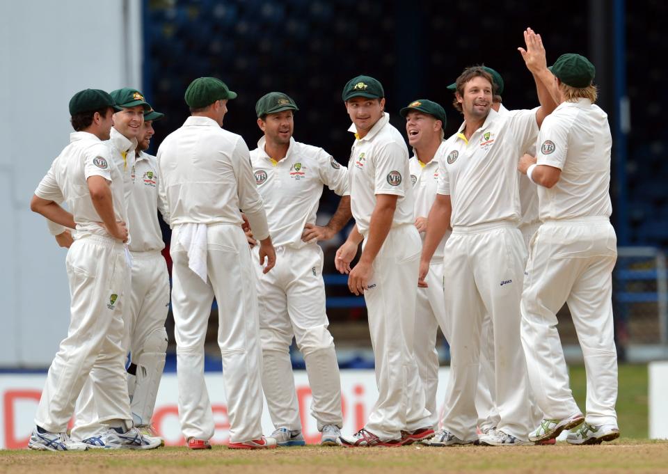 Australian bowler Ben Hilfenhaus (2nd R) and teammates celebrate LBW appeal against West Indies Kieran Powell during the final day of the second-of-three Test matches between Australia and West Indies April19, 2012 at Queen's Park Oval in Port of Spain, Trinidad.