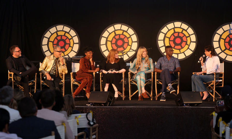 Colin Trevorrow, Jeff Goldblum, DeWanda Wise, Bryce Dallas Howard, Emily Carmichael, Mamoudou Athie and Charlize Theron speak onstage during CTAOP’s Block Party. - Credit: Roger Kisby/Getty Images