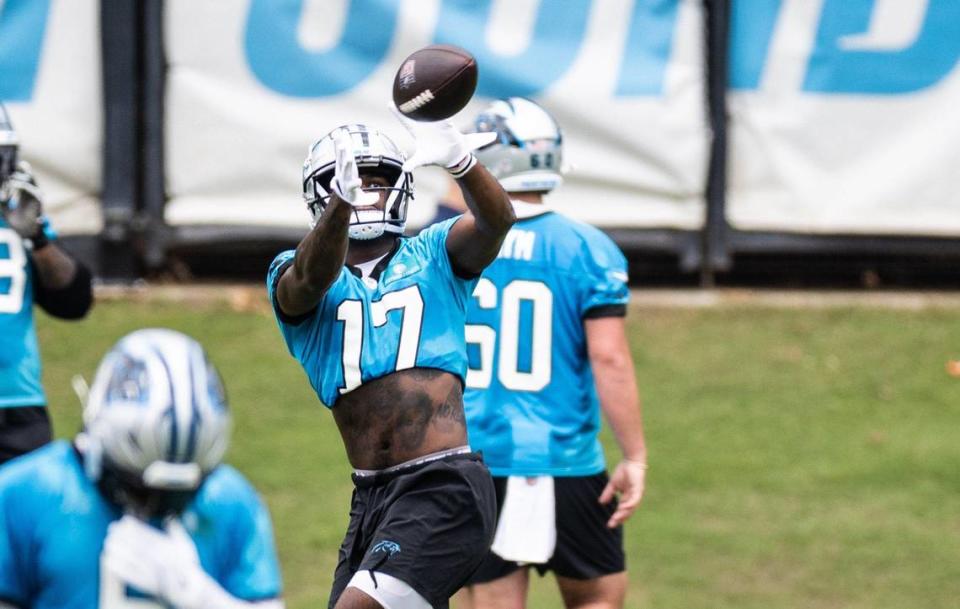 Carolina Panthers Xavier Legette catches a ball at practice in Charlotte, N.C., on Monday, May 20, 2024.