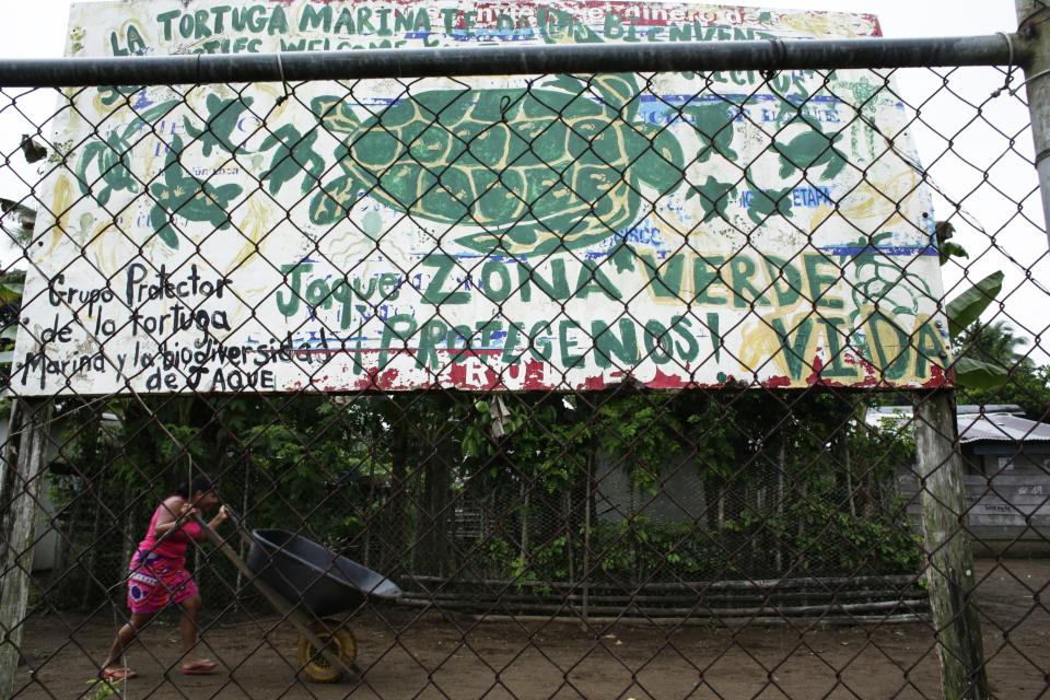 CORRECTS SPECIES OF TURTLES - In this Sept. 22, 2019 photo, an Embera woman pushes a wheelbarrow past a billboard announcing the protection of olive ridley sea turtles, in Jaque, Panama. Jaque is a fishing village and some locals also sell handicrafts, including plates made from palm fronds decorated with drawings of the turtles. (AP Photo/Arnulfo Franco)