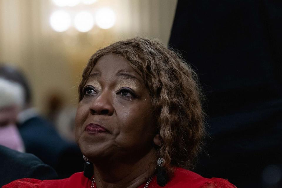 PHOTO: Ruby Freeman, former Georgia election worker, cries as she sits behind her daughter Wandrea ArShaye 'Shaye' Moss, during the hearing of the Select Committee to Investigate the January 6th Attack on the US Capitol, June 21, 2022, in Washington. (Cheriss May/Sipa USA via AP)