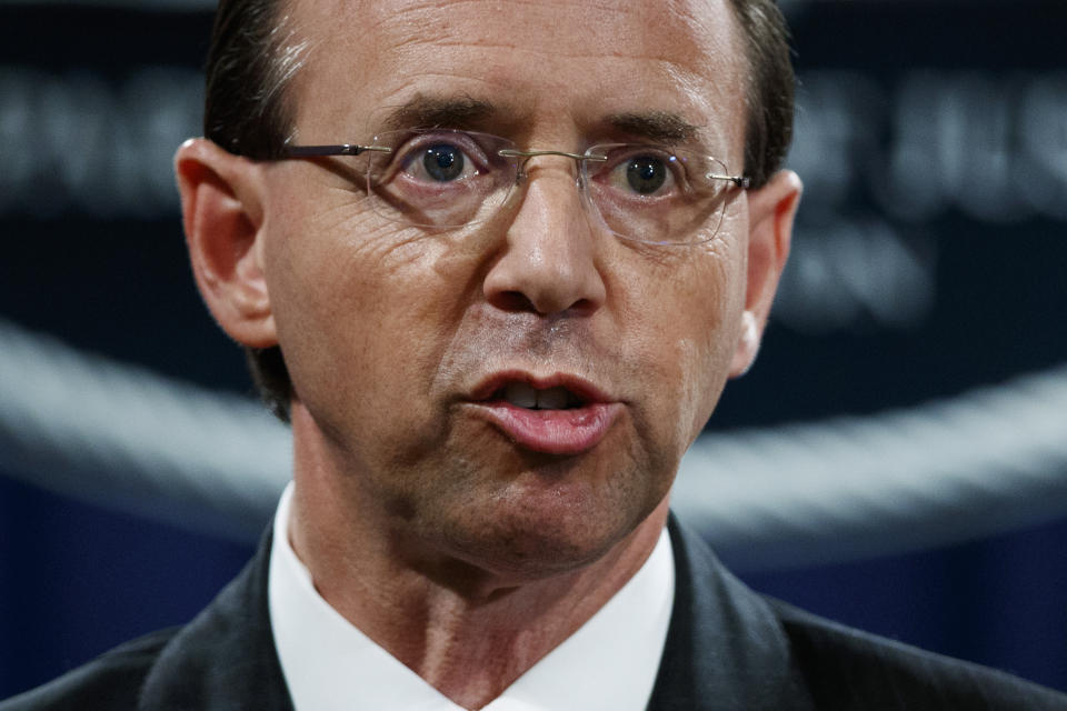 FILE - In this July 13, 2018 file photo, Deputy Attorney General Rod Rosenstein speaks during a news conference at the Department of Justice in Washington. Rosenstein is expecting to be fired, heading to White House Monday morning.(AP Photo/Evan Vucci)