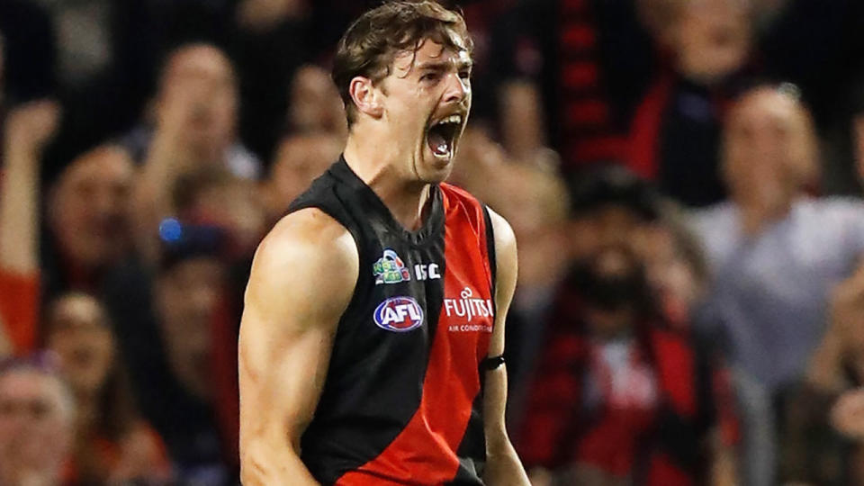 Joe Daniher celebrates a goal. (Photo by Michael Willson/AFL Photos)