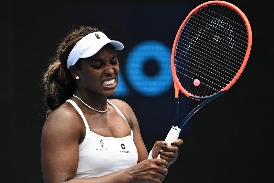 USA's Sloane Stephens reacts on a point against Russia's Anna Kalinskaya during their women's singles match on day seven of the Australian Open tennis tournament in Melbourne on January 20, 2024. (Photo by Anthony WALLACE / AFP) / -- IMAGE RESTRICTED TO EDITORIAL USE - STRICTLY NO COMMERCIAL USE -- (Photo by ANTHONY WALLACE/AFP via Getty Images)