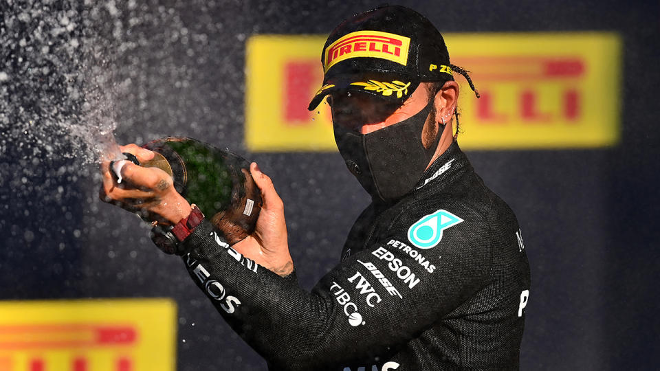 Lewis Hamilton, pictured here celebrating after winning the F1 Grand Prix of Tuscany.