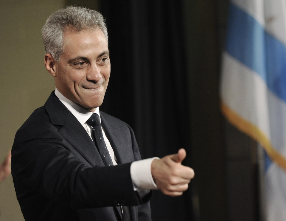 FILE - In this Nov. 13, 2010, file photo Rahm Emanuel announces his candidacy for mayor of Chicago at the John C. Coonley School in Chicago. Emanuel, a Democratic congressman and chief of staff to President Barack Obama before becoming mayor in 2011, announced Tuesday, Sept. 4, 2018, that he won't seek a third term in 2019. (AP Photo/Paul Beaty, File)