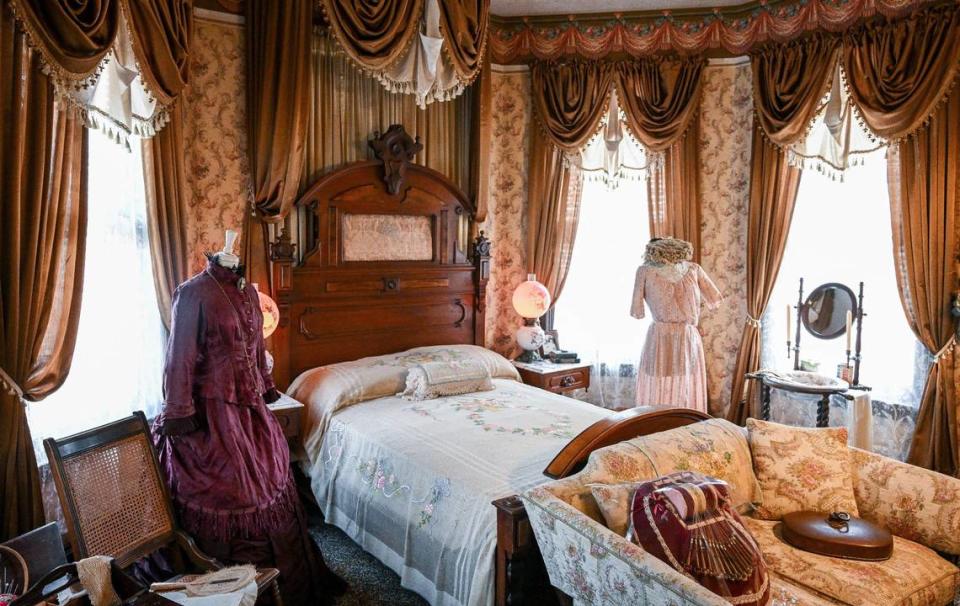 The owner’s bedroom of the Meux home is located on the second floor just below the large conical turret of the exterior.