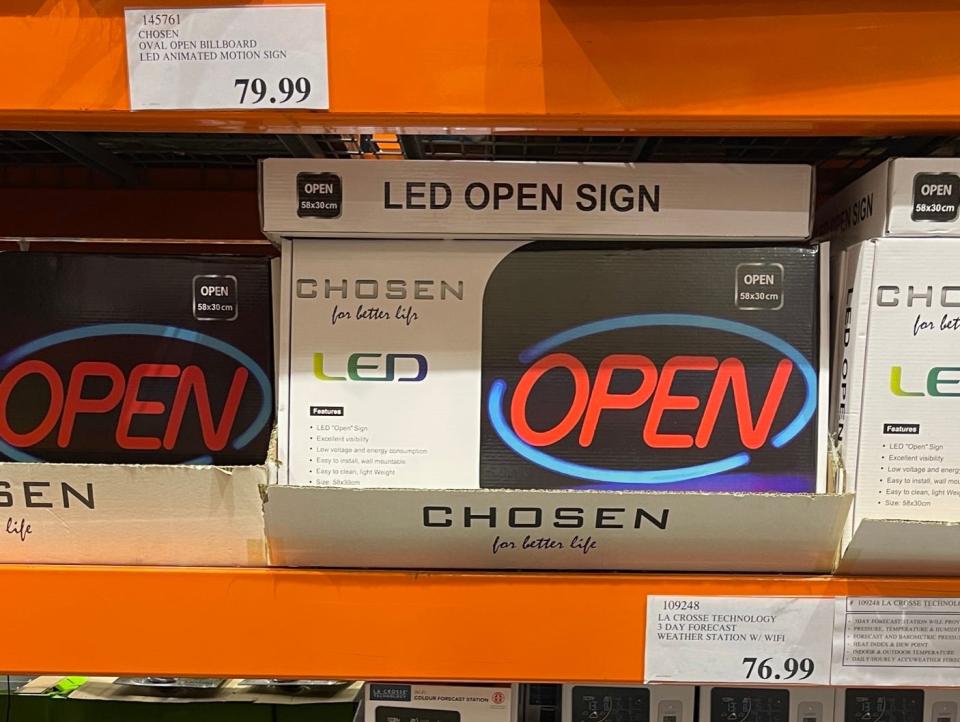 An LED 'Open' sign for sale at Costco in Sydney Australia