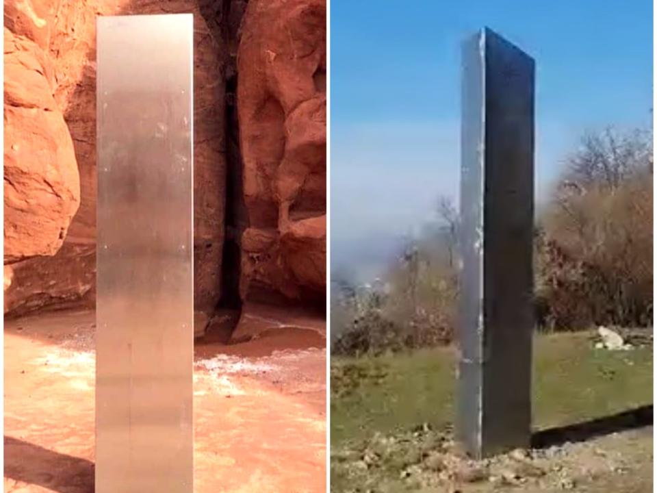 A still from a video from Romanian news outlet Ziar Piatra Neamt showing a monolith discovered on November 27, 2020.