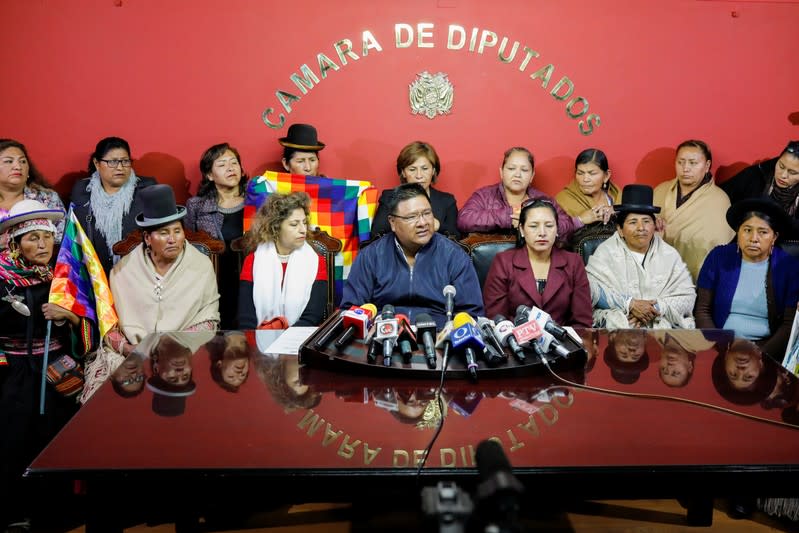 Lawmakers of the Movement Toward Socialism (MAS) party of former Bolivian President Evo Morales, attend a news conference in La Paz