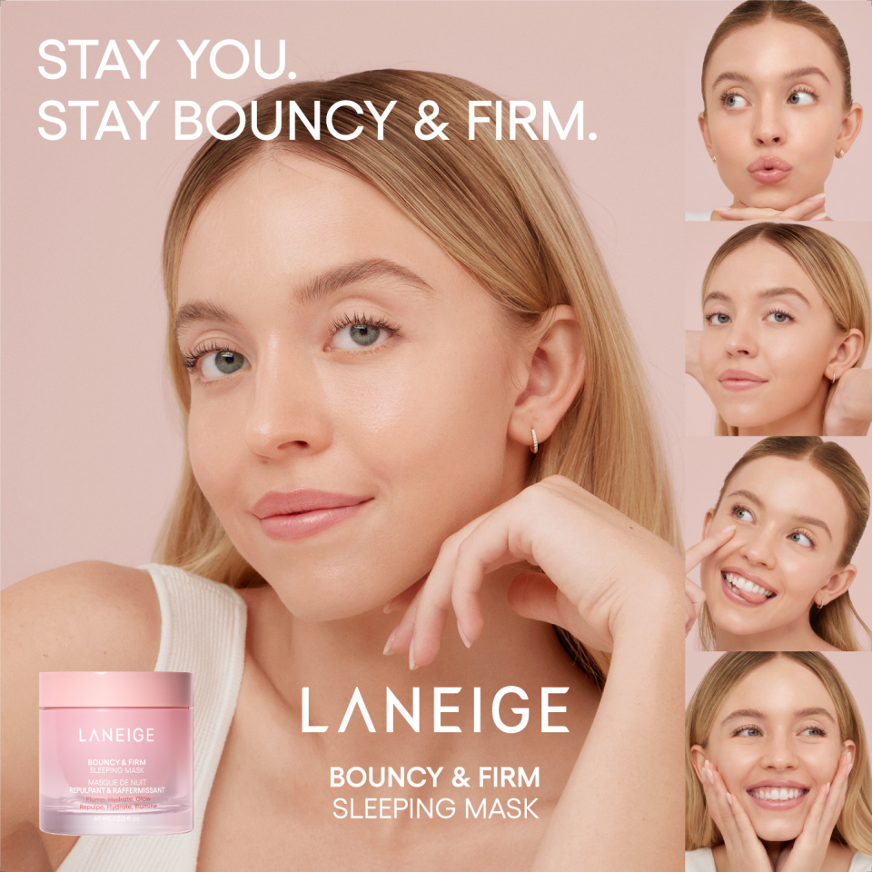 Sydney Sweeney's bouncy skin is testament to the Bouncy & firm Sleeping Mask's efficacy. PHOTO: Laneige