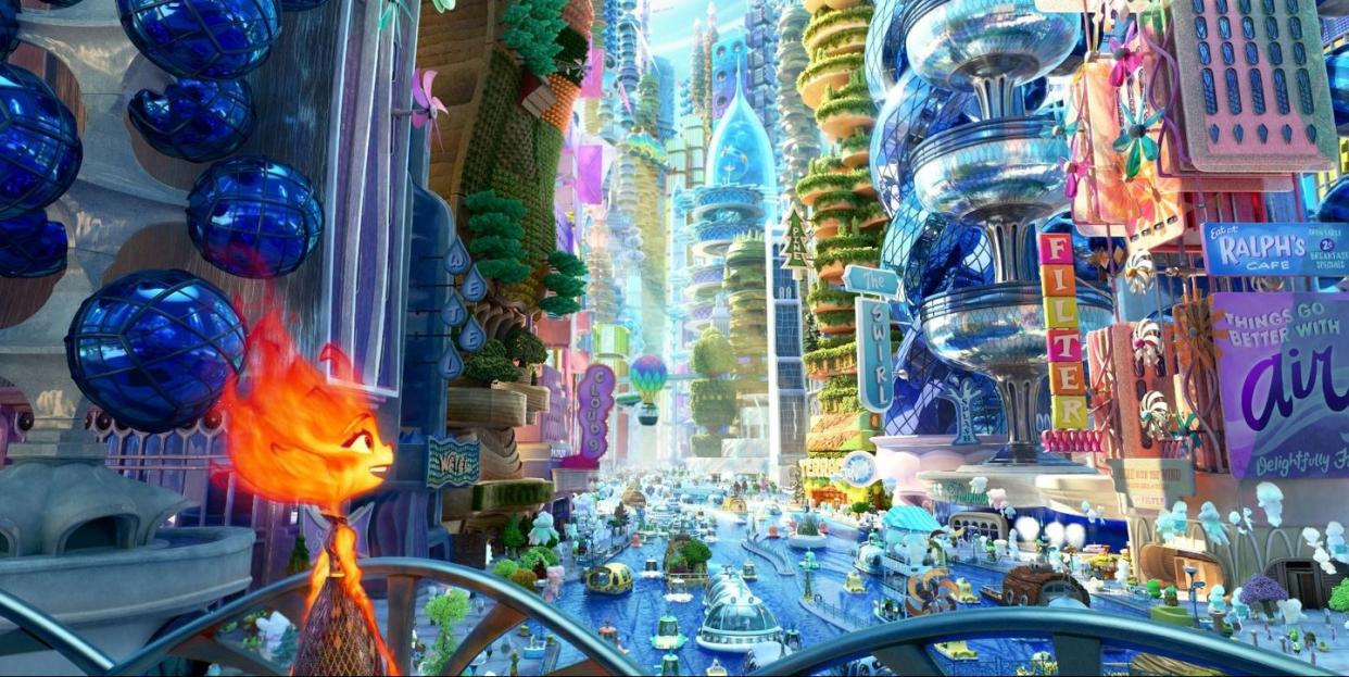 ember looks out over elemental city in a scene from elemental