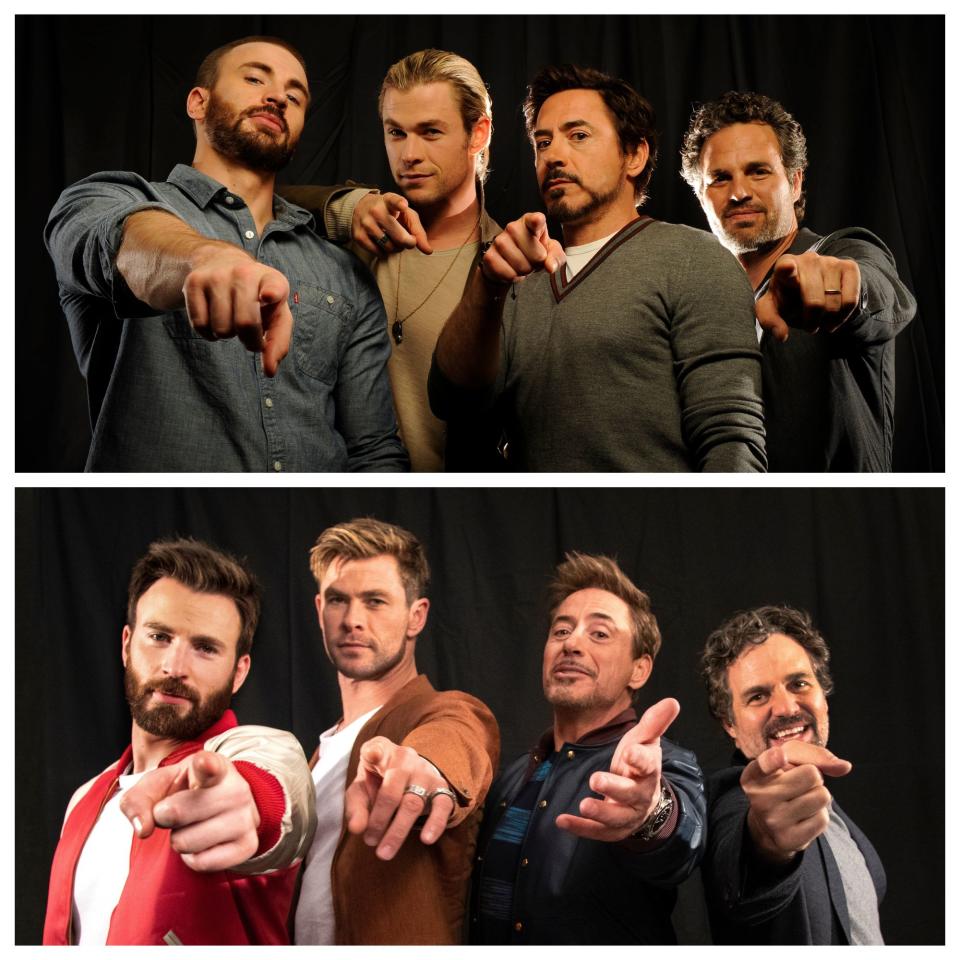 Chris Evans (from left), Chris Hemsworth, Robert Downey Jr. and Mark Ruffalo pose before "Avengers" in 2012 (top) and seven years later for "Avengers: Endgame."