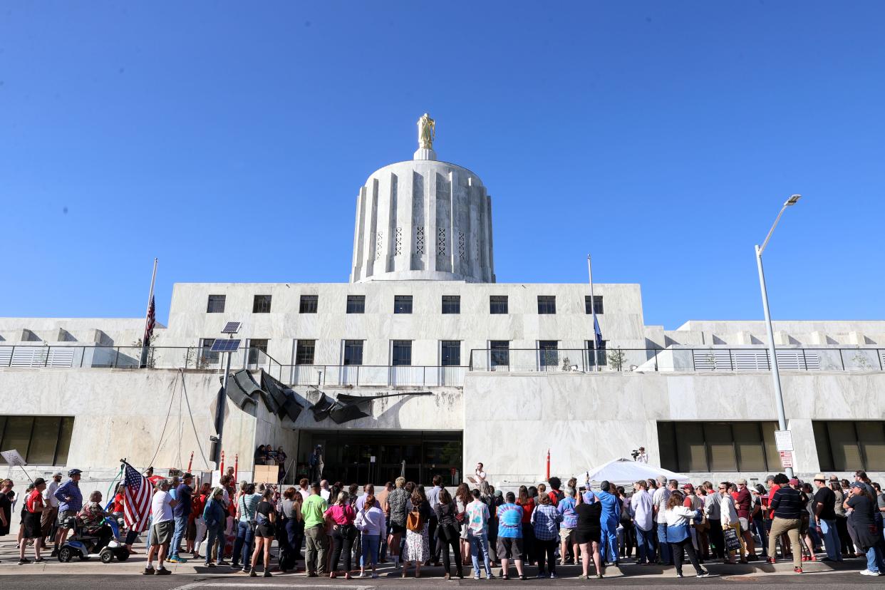 Groups gather to call Republican senators to end their walkout at Oregon State Capitol on May 11 in Salem.