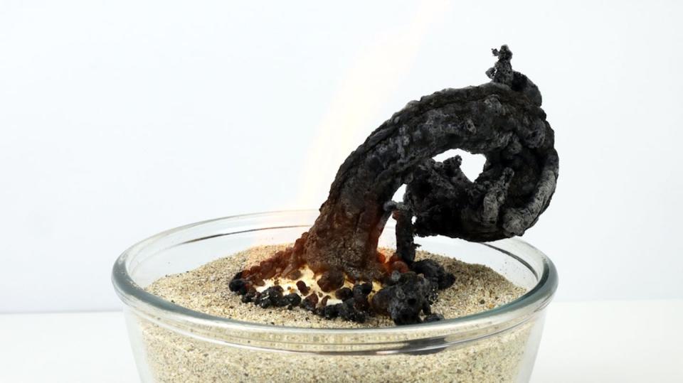 Burning sugar and baking soda produces the ‘carbon snake’, a classic demonstration of several chemical reactions. Vins Contributor/Shutterstock