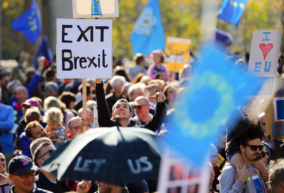 Demonstrators with banners 'Exit Brexit' during the People's Vote March for the Future (EPA)