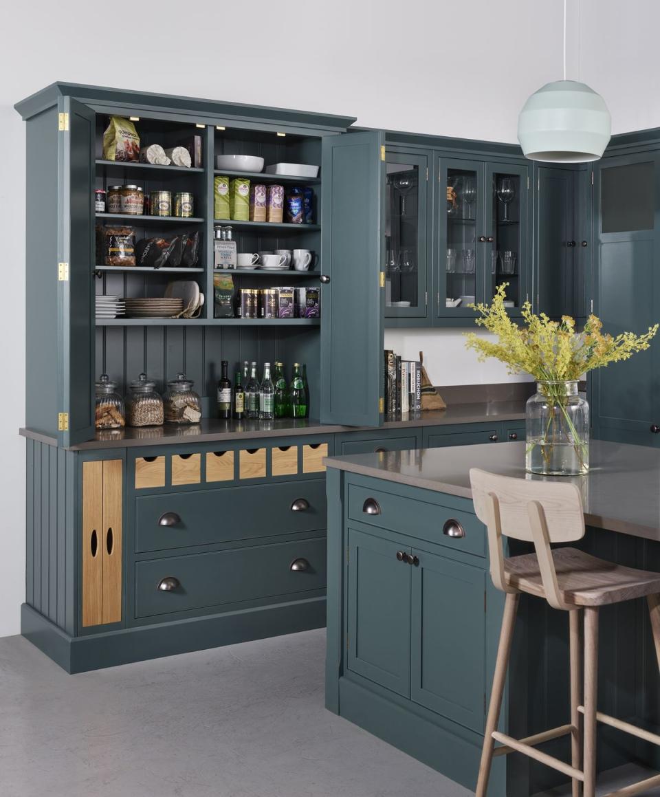 <p>This impressive, neatly-stacked pantry creates a practical space to store away dry goods. Folding doors give you the option to hide away items or keep them on display. </p><p><strong>BE INSPIRED:</strong> <a href="https://www.housebeautiful.com/uk/renovate/homes-makeovers/a22526338/small-galley-kitchen-renovation-spacious-dining-room/" rel="nofollow noopener" target="_blank" data-ylk="slk:Small galley kitchen transformed into a spacious kitchen and dining room;elm:context_link;itc:0;sec:content-canvas" class="link ">Small galley kitchen transformed into a spacious kitchen and dining room</a><br></p><p>• Shop the look at <a href="https://www.harveyjones.com/" rel="nofollow noopener" target="_blank" data-ylk="slk:Harvey Jones;elm:context_link;itc:0;sec:content-canvas" class="link ">Harvey Jones</a></p>