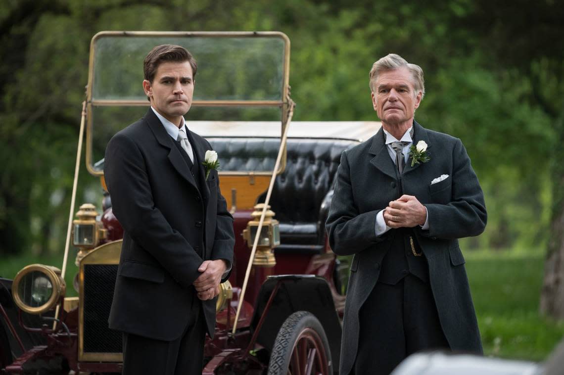 Paul Wesley as John Amons and Harry Hamlin as Mr. Winfield in the Lifetime limited series “Flowers in the Attic: The Origin.”