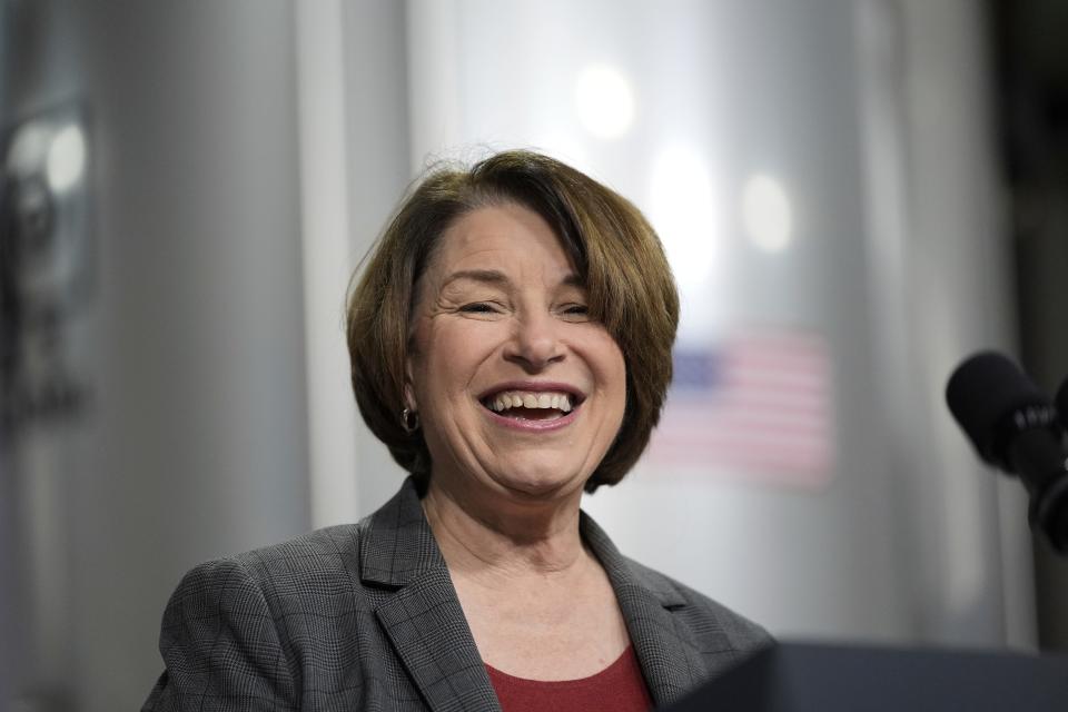 Sen. Amy Klobuchar, D-Minn., speaks before President Joe Biden at the Earth Rider Brewery, Thursday, Jan. 25, 2024, in Superior, Wis. Biden is returning to the swing state of Wisconsin to announce $5 billion in federal funding for upgrading the Blatnik Bridge and for dozens of similar infrastructure projects nationwide.