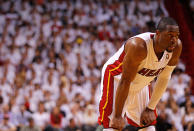 Dwyane Wade #3 of the Miami Heat looks on during Game Five of the Eastern Conference Semifinals in the 2012 NBA Playoffs against the Indiana Pacers at AmericanAirlines Arena on May 22, 2012 in Miami, Florida. (Photo by Mike Ehrmann/Getty Images)