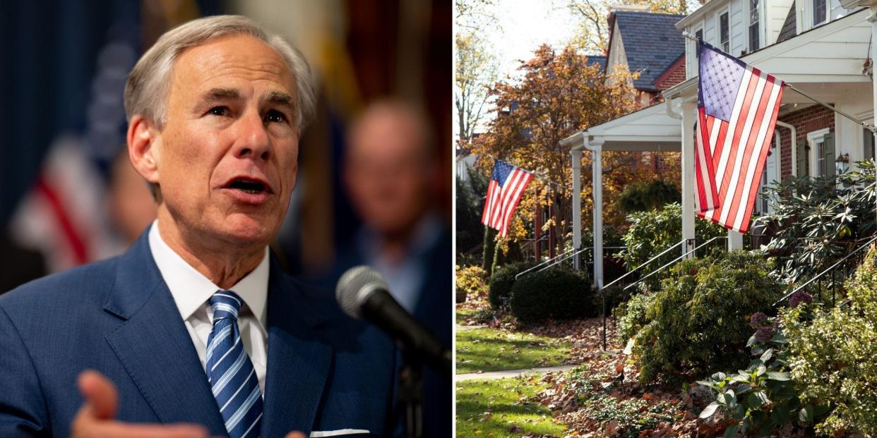 Texas Gov. Greg Abbott, house with American flags