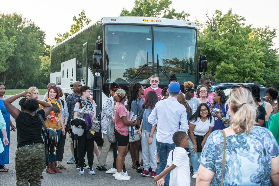 The cast of "Four Little Girls: Birmingham 1963," along with staff from Alabama Shakespeare Festival and Montgomery Public Schools, prepare to board a bus to D.C. on Wednesday, Sept. 11, 2019.