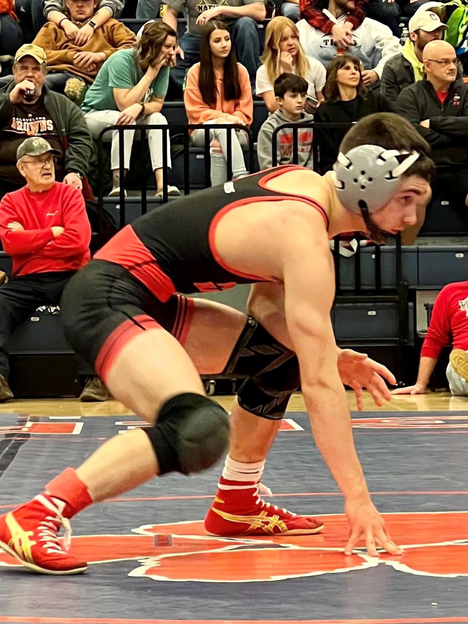 Marion Harding's Samson St. Germain gets ready to wrestle Highland's Brendan Lester in the 113-pound championship bout at last weekend's Mid Ohio Athletic Conference Wrestling Tournament held at Galion.