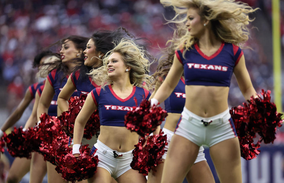 Nov 5, 2023; Houston, Texas, USA; Houston Texans cheerleaders dance during a Tampa Bay Buccaneers timeout in the fourth quarter at NRG Stadium. Mandatory Credit: Thomas Shea-USA TODAY Sports