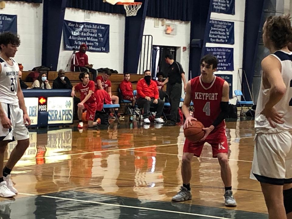 Keyport's DJ Thomson attempts a free throw against Mater Dei Prep. The Seraphs defeated the Red Raiders, 65-48 on Feb. 3, 2021.