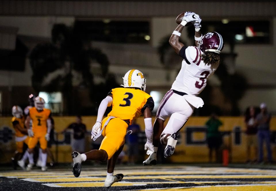 The Bishop Verot Vikings compete against the First Baptist Academy Lions in a game at Bishop Verot High School in Fort Myers on Friday, Sept. 15, 2023. Verot won 49-22.