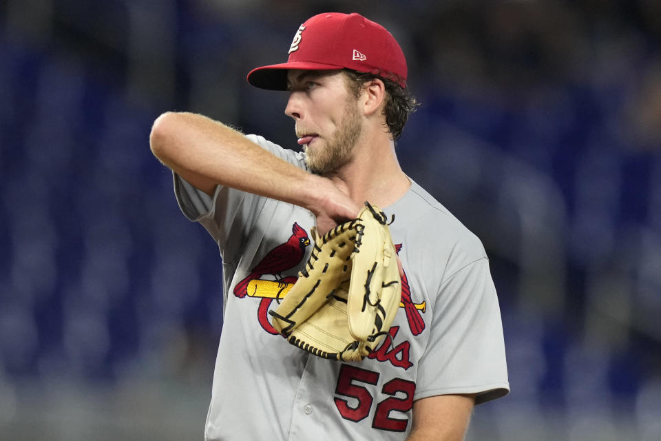 St. Louis Cardinals starting pitcher Matthew Liberatore prepares to throw to a Miami Marlins batter during the first inning of baseball game Wednesday, July 5, 2023, in Miami. (AP Photo/Lynne Sladky)