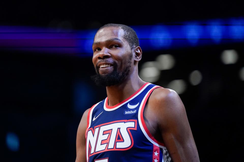 FILE - Brooklyn Nets' Kevin Durant is shown during the first half of an NBA basketball game against the Indiana Pacers at the Barclays Center, Sunday, Apr. 10, 2022, in New York. Durant has requested a trade from the Brooklyn Nets, according to a person with direct knowledge of the seismic decision that will undoubtedly have teams scrambling to put together enormous offers for the perennial All-Star. (AP Photo/Seth Wenig, File)