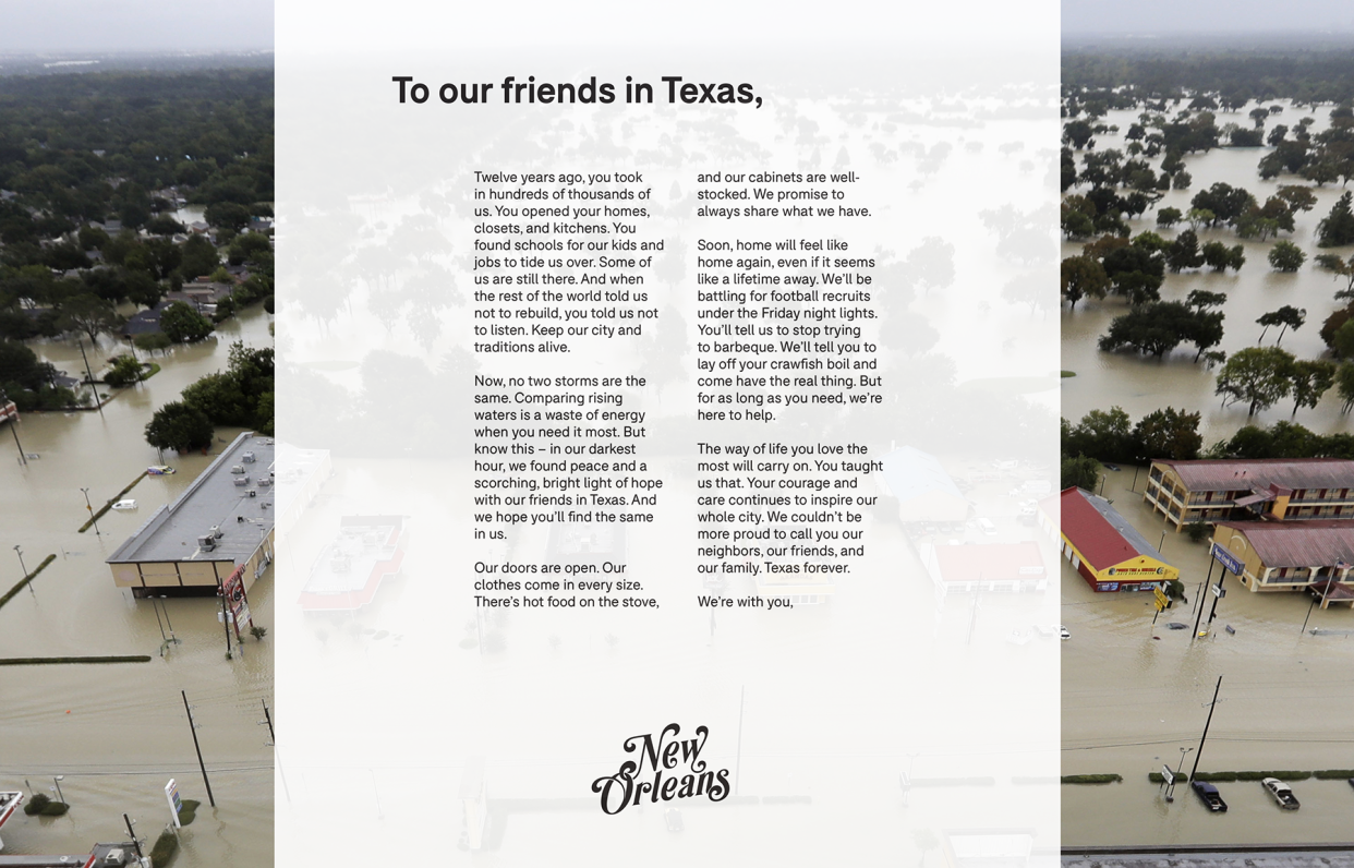 The letter from New Orleans to Texas was published in Sunday’s Houston Chronicle. (Background photo: AP/David J. Phillip)