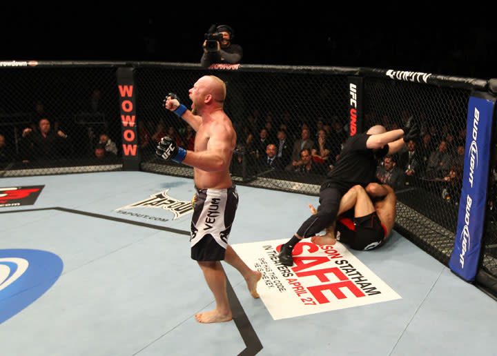 SAITAMA, JAPAN - FEBRUARY 26: Tim Boetsch reacts after knocking out Yushin Okami during the UFC 144 event at Saitama Super Arena on February 26, 2012 in Saitama, Japan.