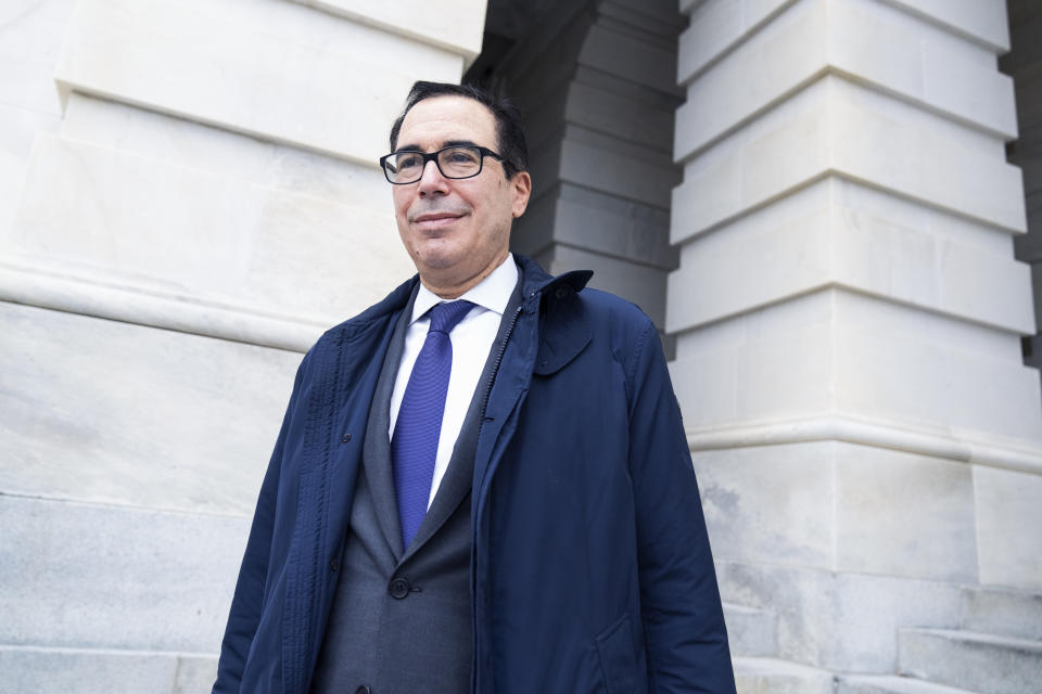 UNITED STATES - NOVEMBER 30: Former Treasury Secretary Steven Mnuchin leaves the U.S. Capitol after a meeting with Senate Minority Leader Mitch McConnell, R-Ky., on Tuesday, November 30, 2021. (Photo By Tom Williams/CQ-Roll Call, Inc via Getty Images)