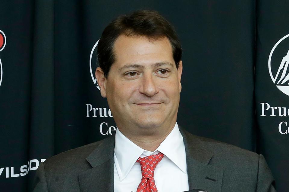 David Blitzer, the new minority owner of the Guardians, participates in a New Jersey Devils press conference Thursday, Aug. 15, 2013, in Newark, N.J. Blitzer also has ownership shares in the Philadelphia 76ers and New Jersey Devils. (AP Photo/Julio Cortez, File)