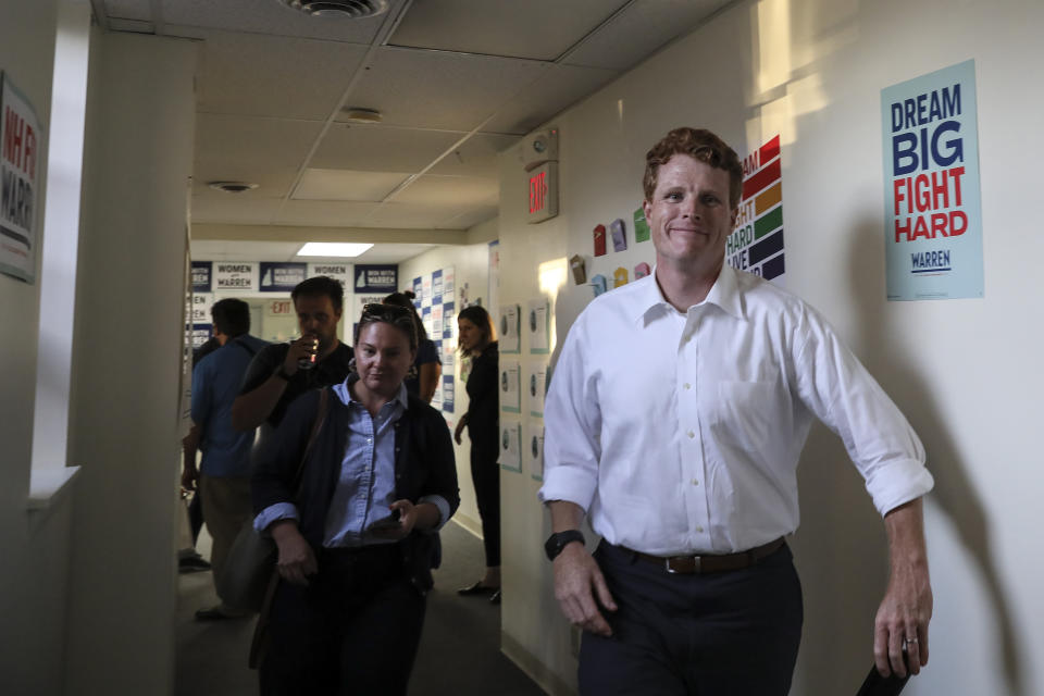 Rep. Joe Kennedy III, D-Mass., heads out after campaigning for Democratic presidential candidate Sen. Elizabeth Warren at the New Hampshire for Warren kick off field office opening in Manchester, N.H. Thursday, Sept. 5, 2019: (AP Photo/ Cheryl Senter)