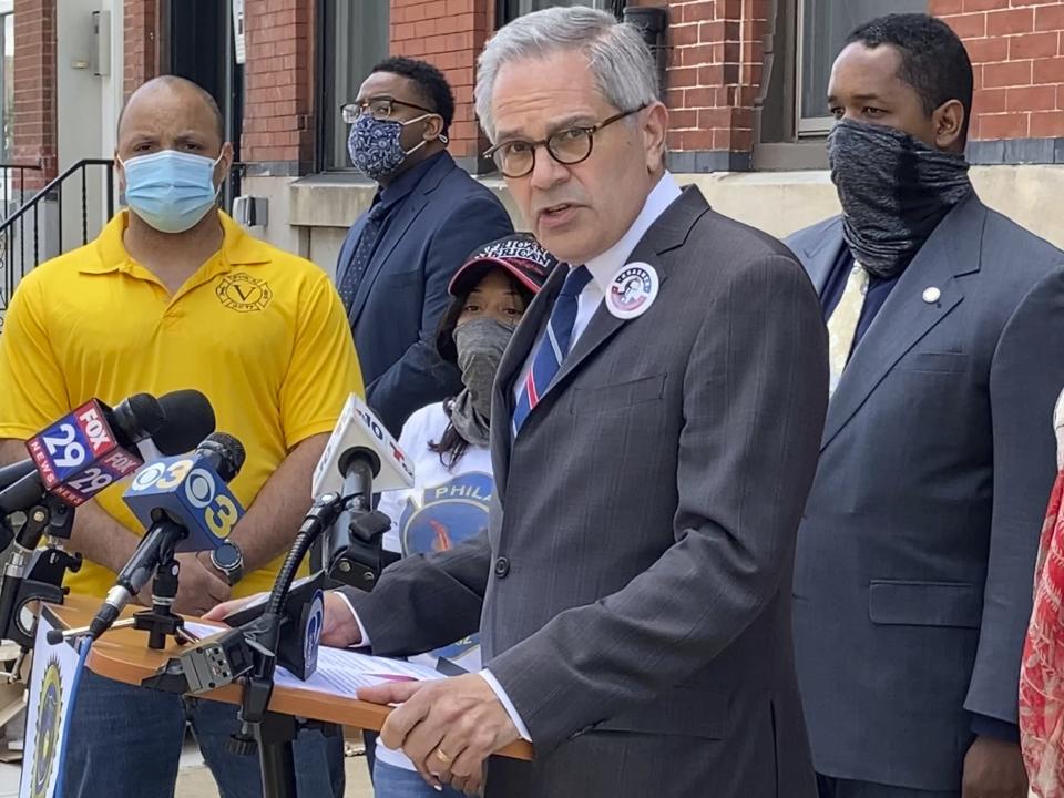 In this Friday, May 14, 2021 photo, Philadelphia District Attorney Larry Krasner speaks during a news conference where the Guardian Civic League and Club Valiants, the fraternal organizations that represent Black and Latino police and firefighters, endorsed him for the upcoming Democratic primary, in Philadelphia. (AP Photo/Claudia Lauer)