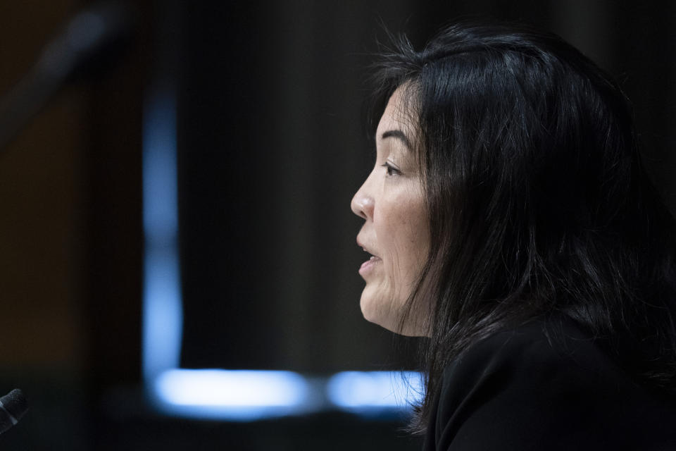 FILE - Julie Su, of Calif., speaks during a hearing of the Senate Health, Education, Labor and Pensions Committee for her to be Deputy Secretary of Labor, on Capitol Hill, March 16, 2021, in Washington. President Joe Biden is nominating Julie Su, the current deputy and former California official, as his next Labor Secretary, replacing the departing incumbent, former Boston mayor Marty Walsh. (AP Photo/Alex Brandon, File)